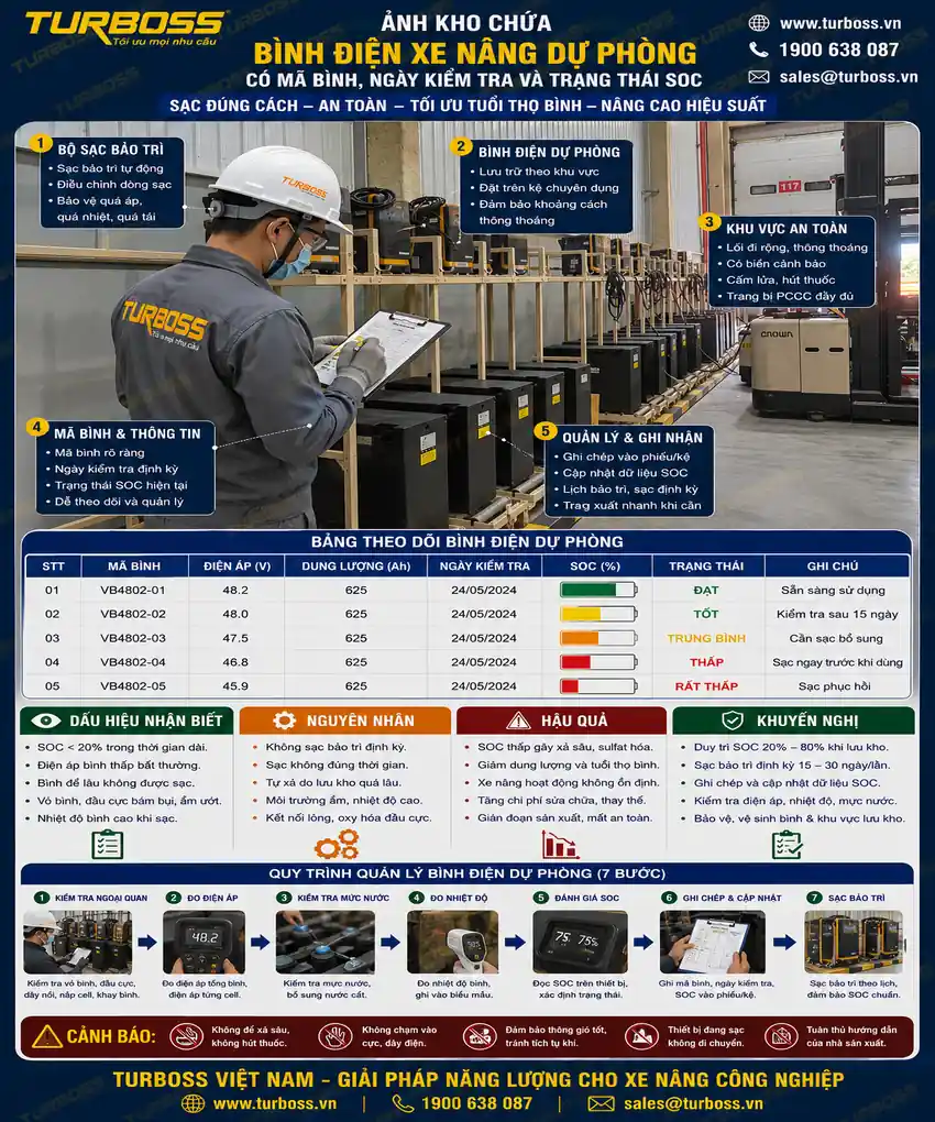 Bình điện xe nâng dự phòng để kho cần sạc bảo trì bình điện xe nâng định kỳ