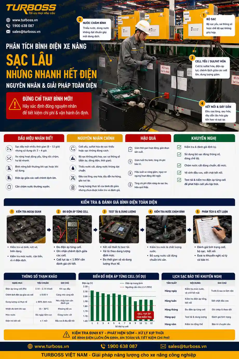 Bình Điện Xe Nâng Sạc Lâu Nhưng Nhanh Hết Điện: 9 Nguyên Nhân & Quy Trình Kiểm Tra
