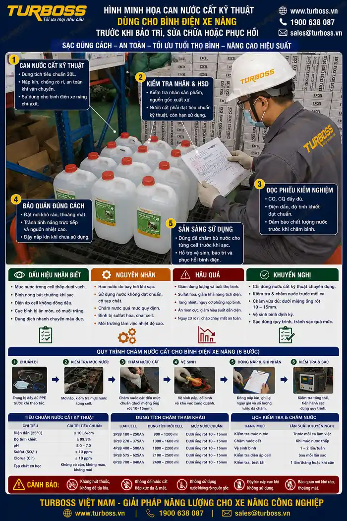 Nước cất trước khi sửa bình điện xe nâng cần đạt thông số kỹ thuật phù hợp