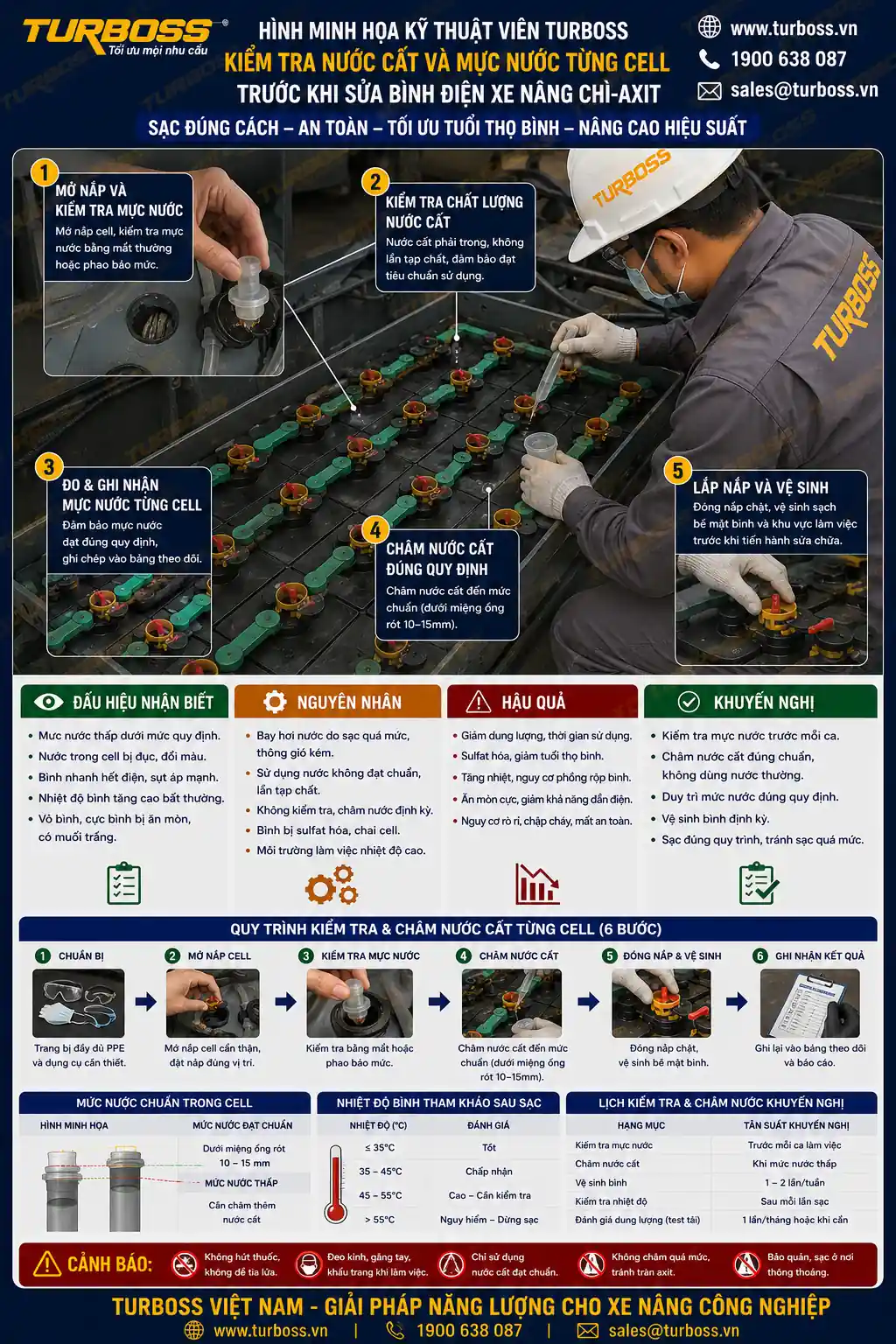 Nước cất trước khi sửa bình điện xe nâng: 7 kiểm tra cần làm