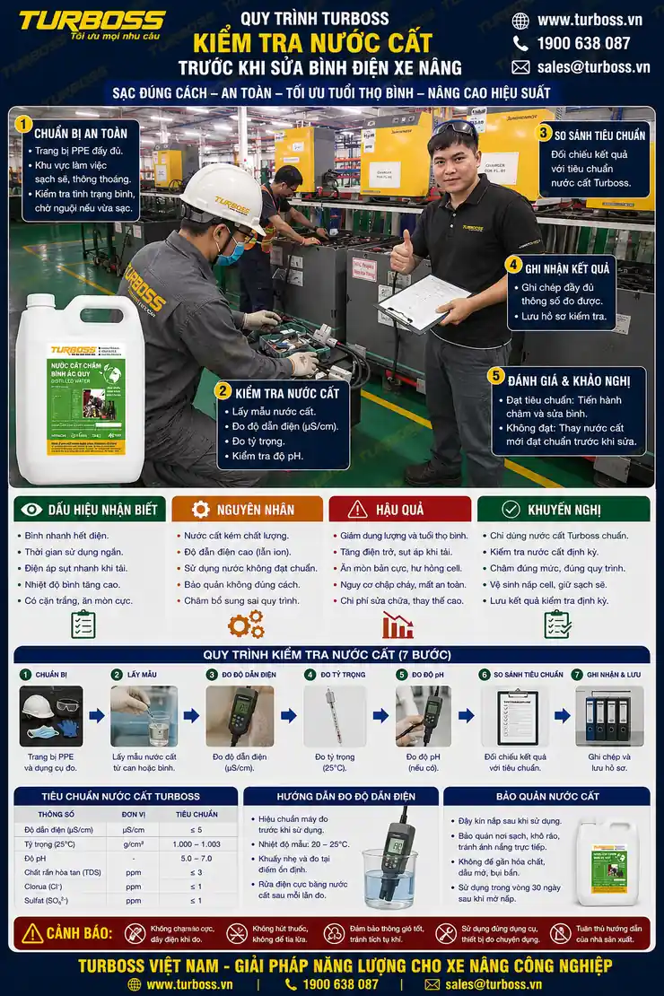 Quy trình kiểm tra nước cất trước khi sửa bình điện xe nâng tại Turboss