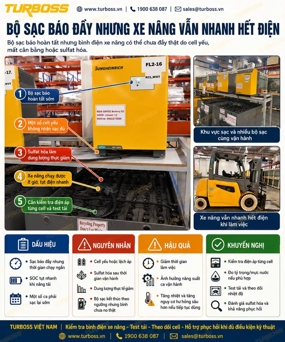 Bộ sạc báo đầy nhưng bình điện xe nâng chưa đầy thật do cell yếu hoặc sulfat hóa