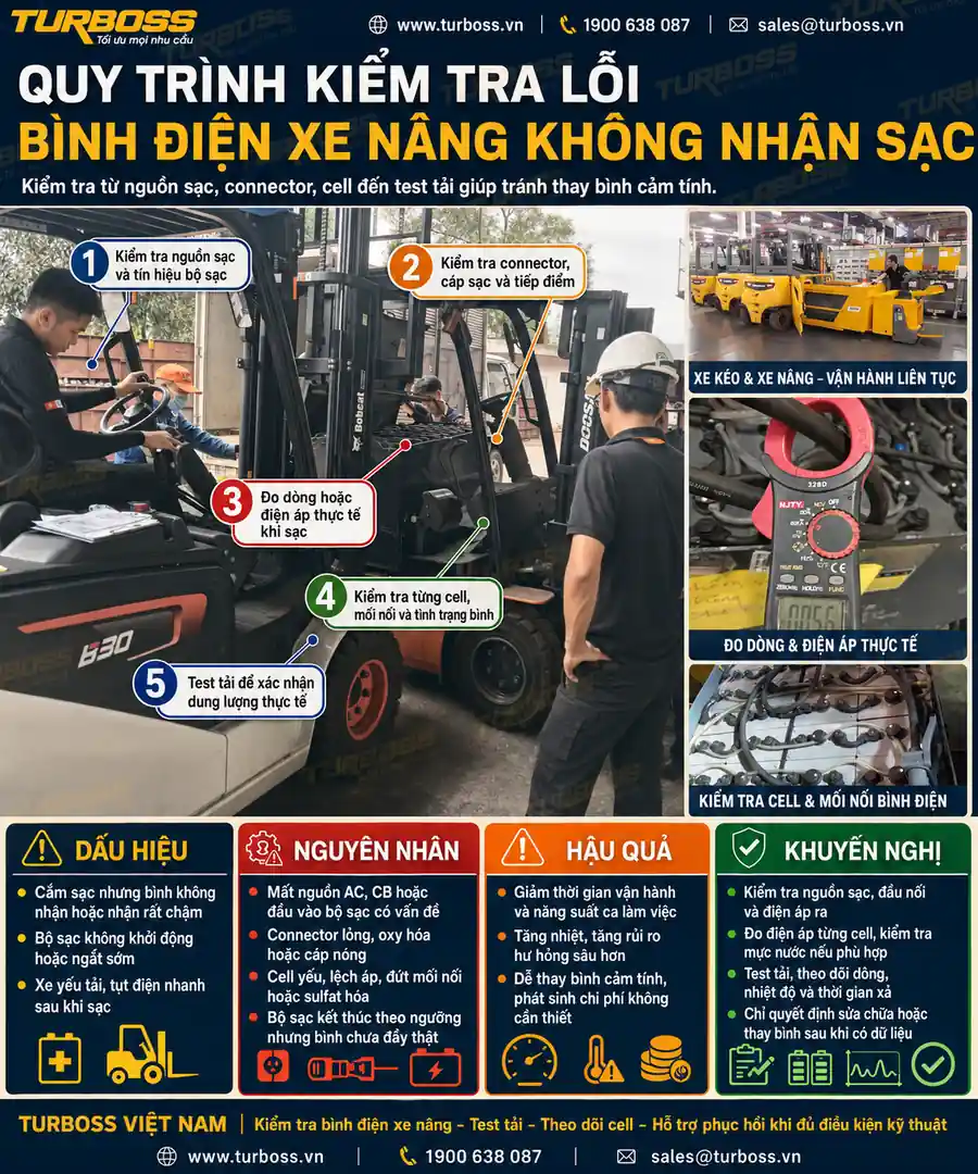 Quy trình kiểm tra bình điện xe nâng không nhận sạc tại Turboss Việt Nam