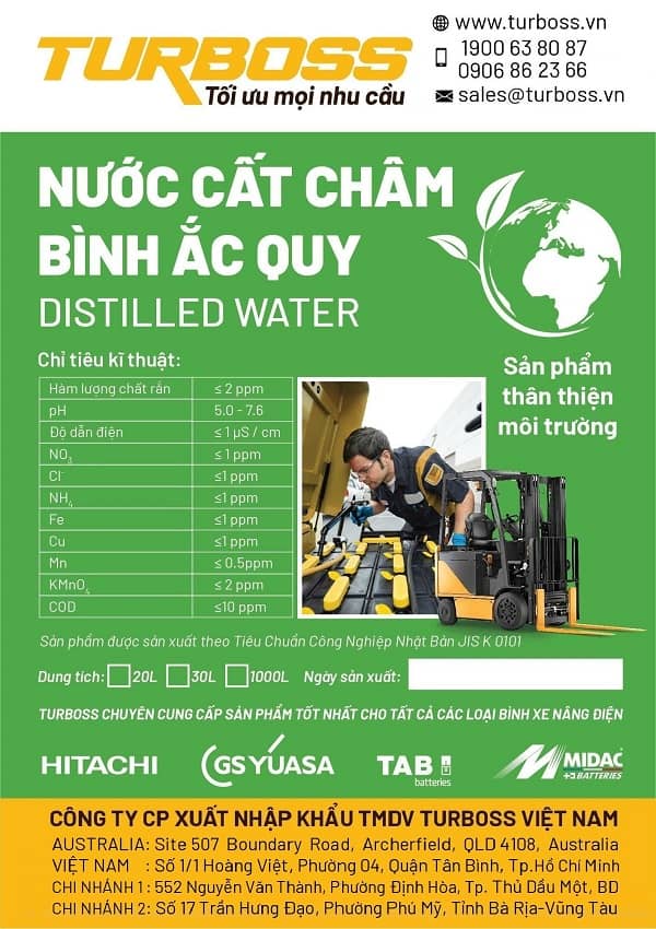 Tem nhãn nước châm bình ắc quy xe nâng Turboss có hồ sơ kiểm định