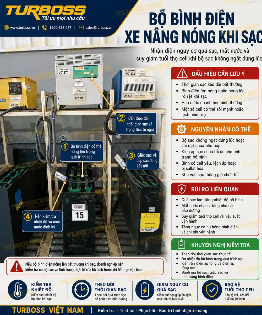 Bình điện xe nâng nóng khi sạc do bộ sạc không ngắt đúng thời điểm