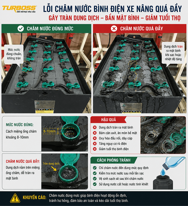 Bình điện xe nâng tràn dung dịch sau khi châm nước sai mức