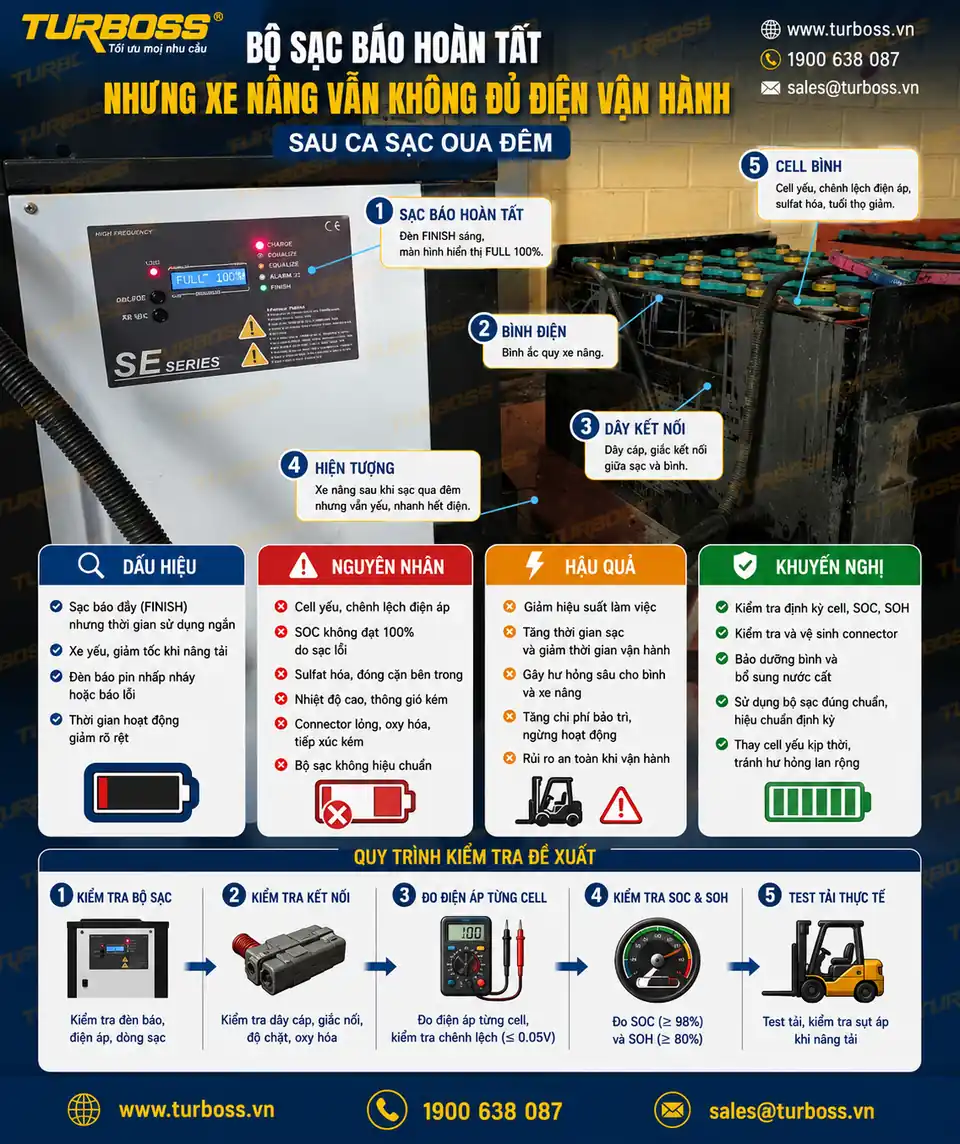 Bộ sạc báo đầy nhưng xe nâng vẫn yếu sau khi sạc qua đêm
