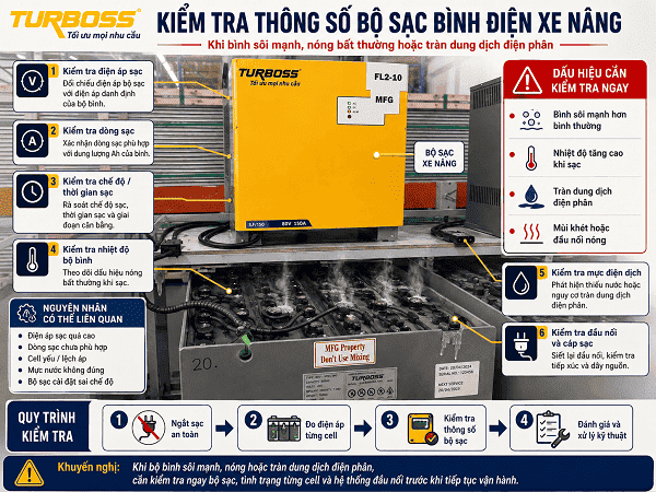 Bộ sạc quá áp có thể làm bình điện xe nâng sôi mạnh khi sạc