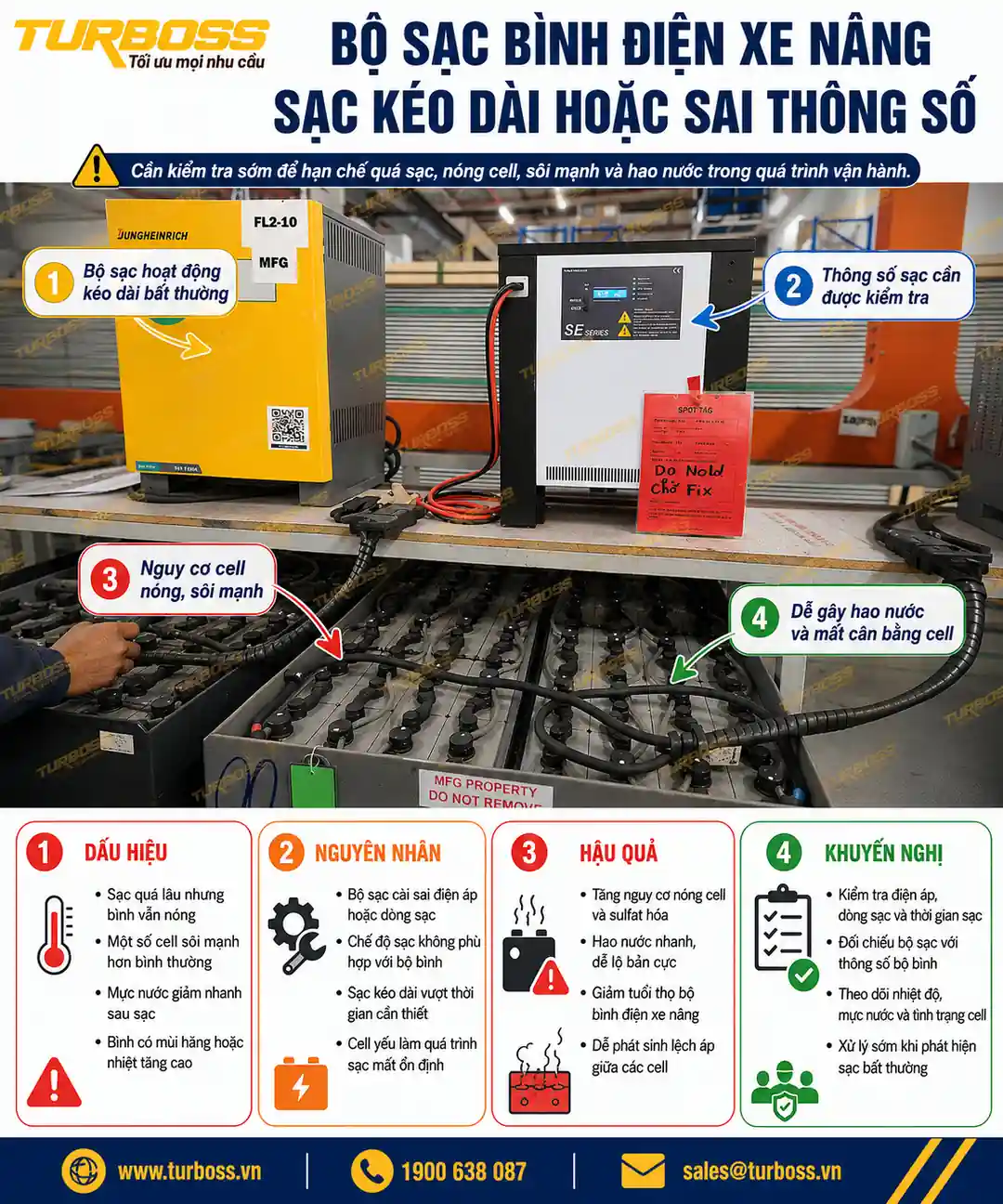 Bộ sạc sai thông số có thể làm cell bình điện xe nâng nóng bất thường