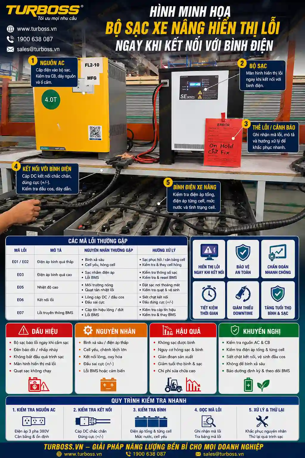 Bộ sạc xe nâng báo lỗi ngay khi cắm cần kiểm tra nguồn AC và connector