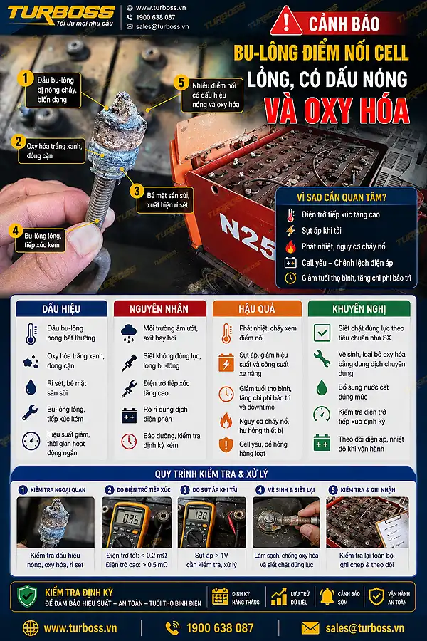 Bu-lông cáp nối cell bình điện xe nâng lỏng làm điểm nối bị nóng