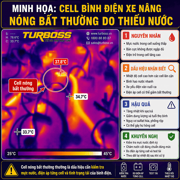 Cell bình điện xe nâng nóng do thiếu nước và bản cực bị hở