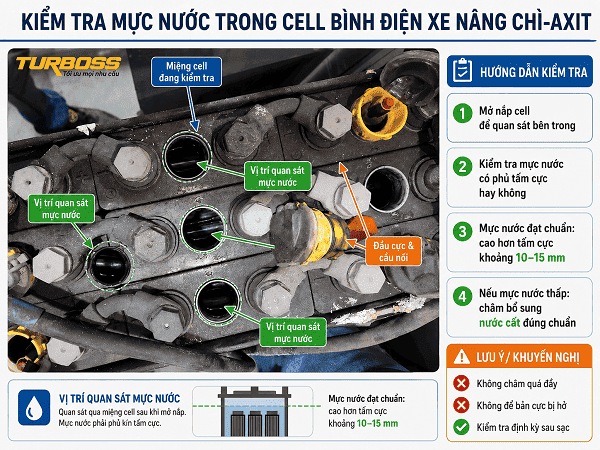 Cell bình điện xe nâng nóng do thiếu nước và bản cực bị hở
