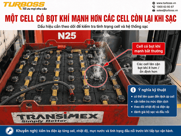 Cell bình điện xe nâng sôi mạnh hơn các cell khác khi sạc