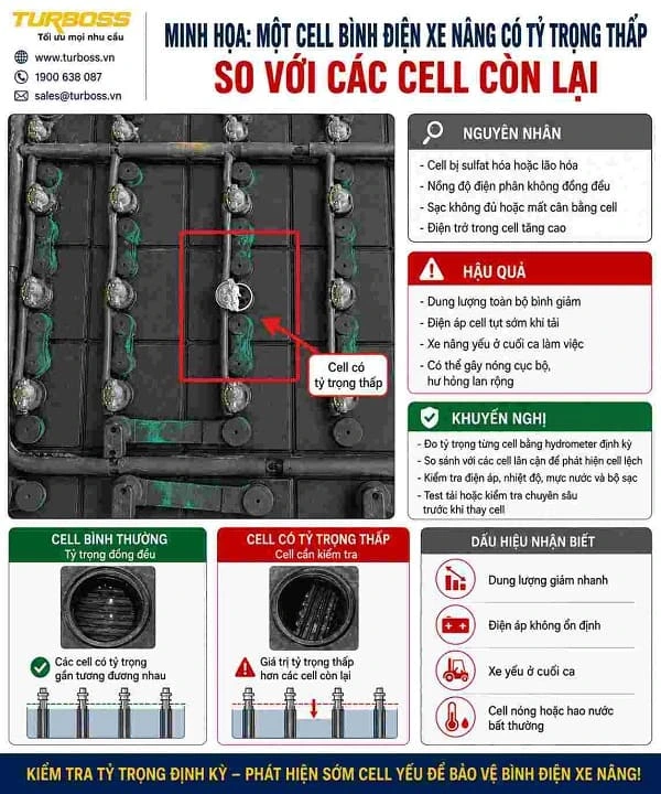 Cell bình điện xe nâng có tỷ trọng axit thấp hơn các cell còn lại