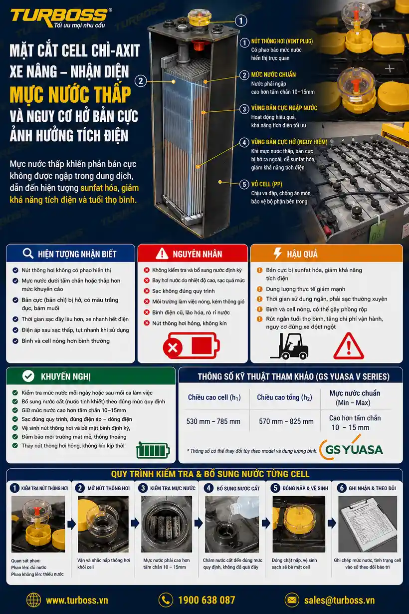 Cell bình điện xe nâng thiếu nước có thể làm bản cực bị hở và nóng khi sạc