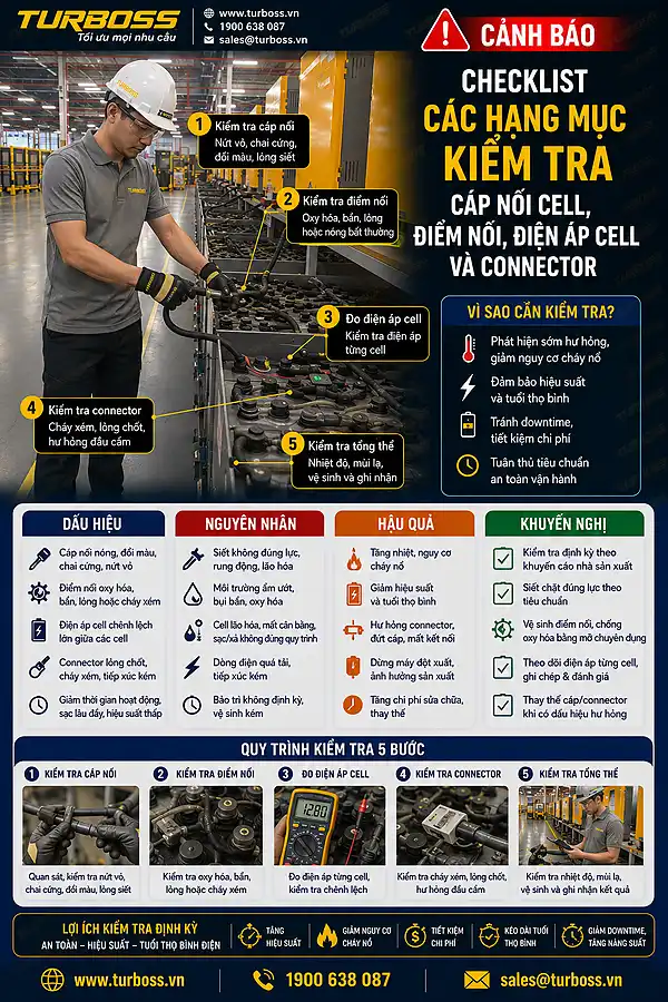 Checklist kiểm tra cáp nối cell bình điện xe nâng bị nóng cho kỹ thuật nhà máy