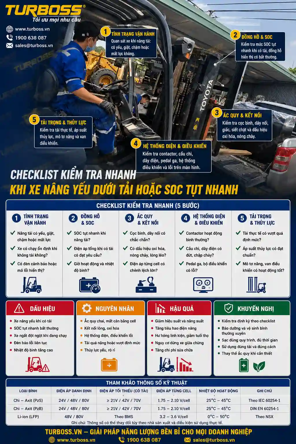 Checklist kiểm tra dòng xả bình điện xe nâng cao cho kỹ thuật nhà máy