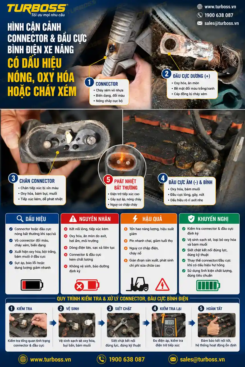 Connector và đầu cực nóng sau khi sạc làm xe nâng vẫn yếu