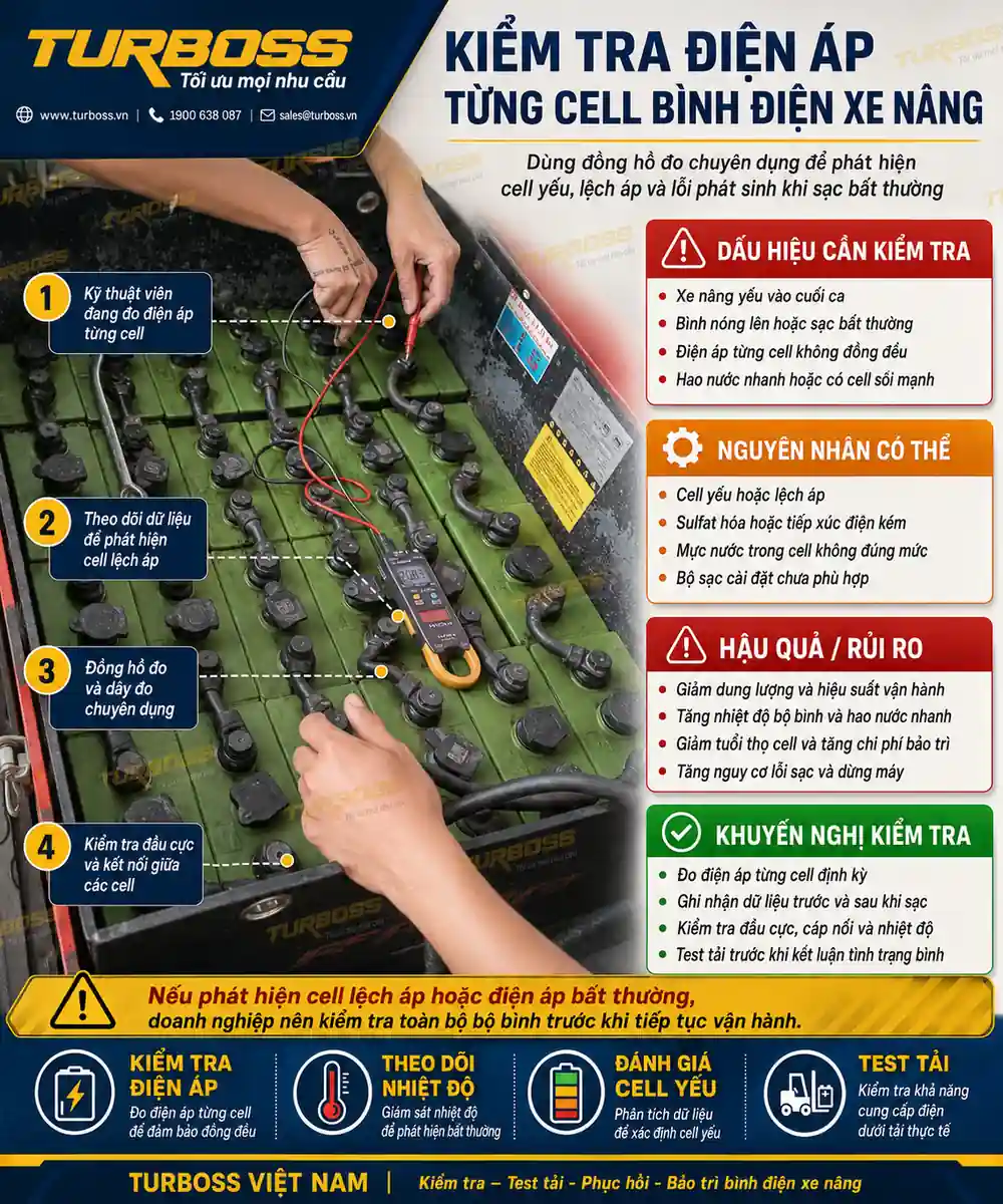 Đo điện áp từng cell khi bộ sạc bình điện xe nâng không ngắt