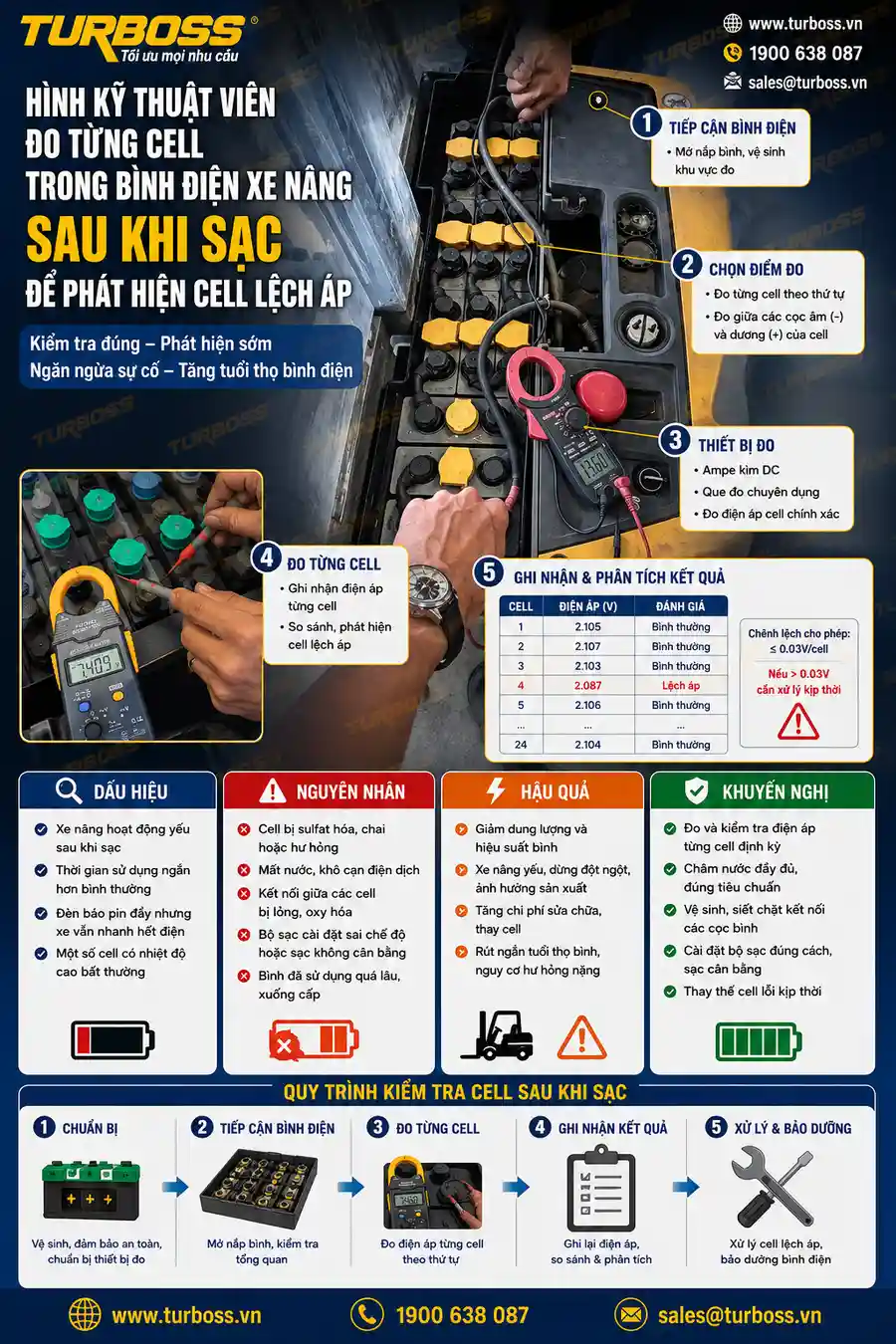 Đo điện áp từng cell sau khi sạc đầy để tìm nguyên nhân xe nâng sạc qua đêm vẫn yếu