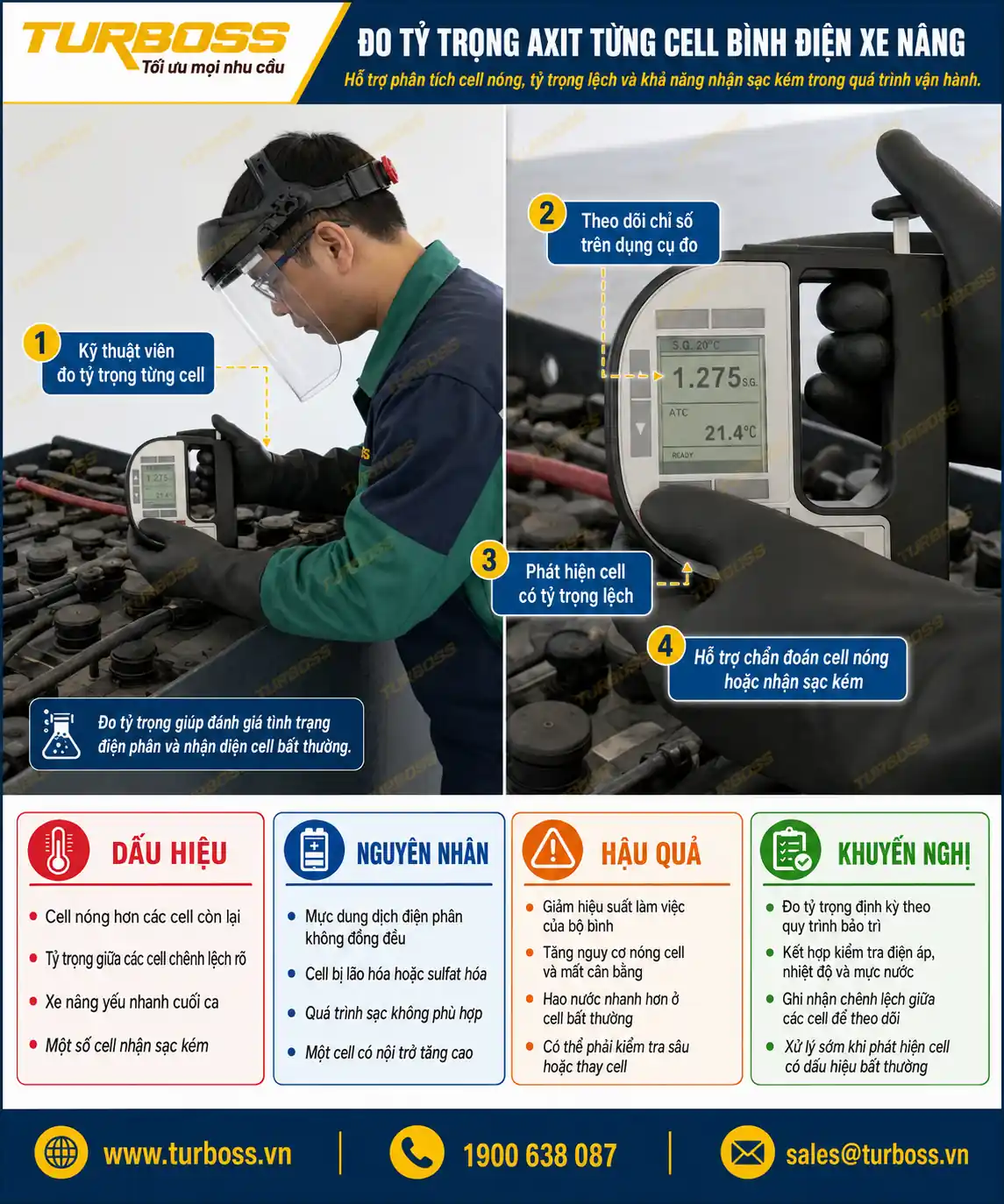 Đo tỷ trọng axit khi cell bình điện xe nâng nóng bất thường