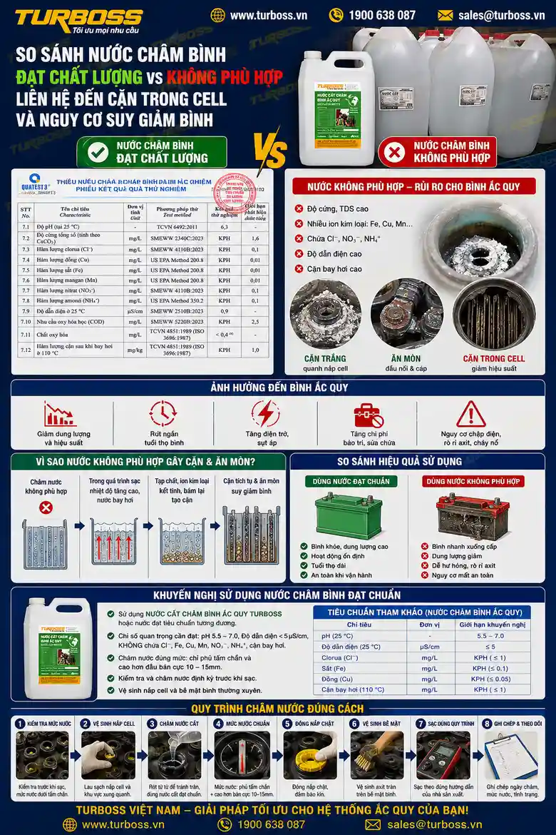 Dùng sai nước châm bình xe nâng có thể làm cell đóng cặn và nóng khi sạc