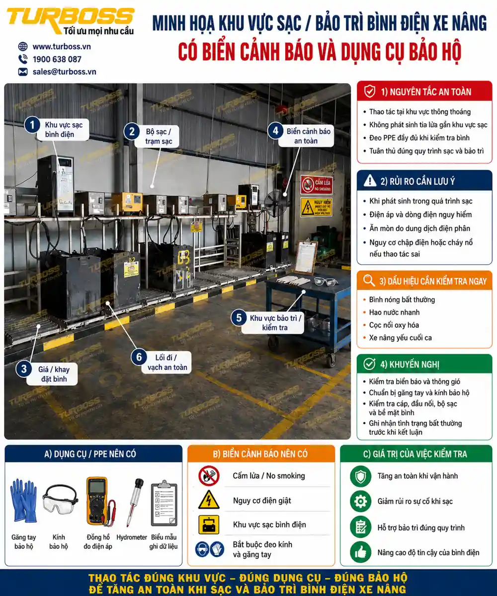 Khu vực kiểm tra bình điện xe nâng an toàn khi đo tỷ trọng axit từng cell