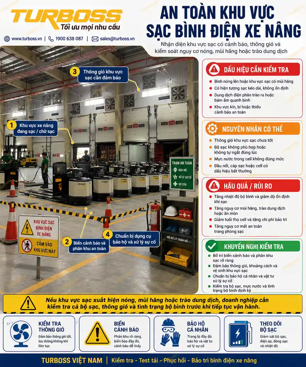 Khu vực sạc bình điện xe nâng cần thông gió và biển cảnh báo an toàn