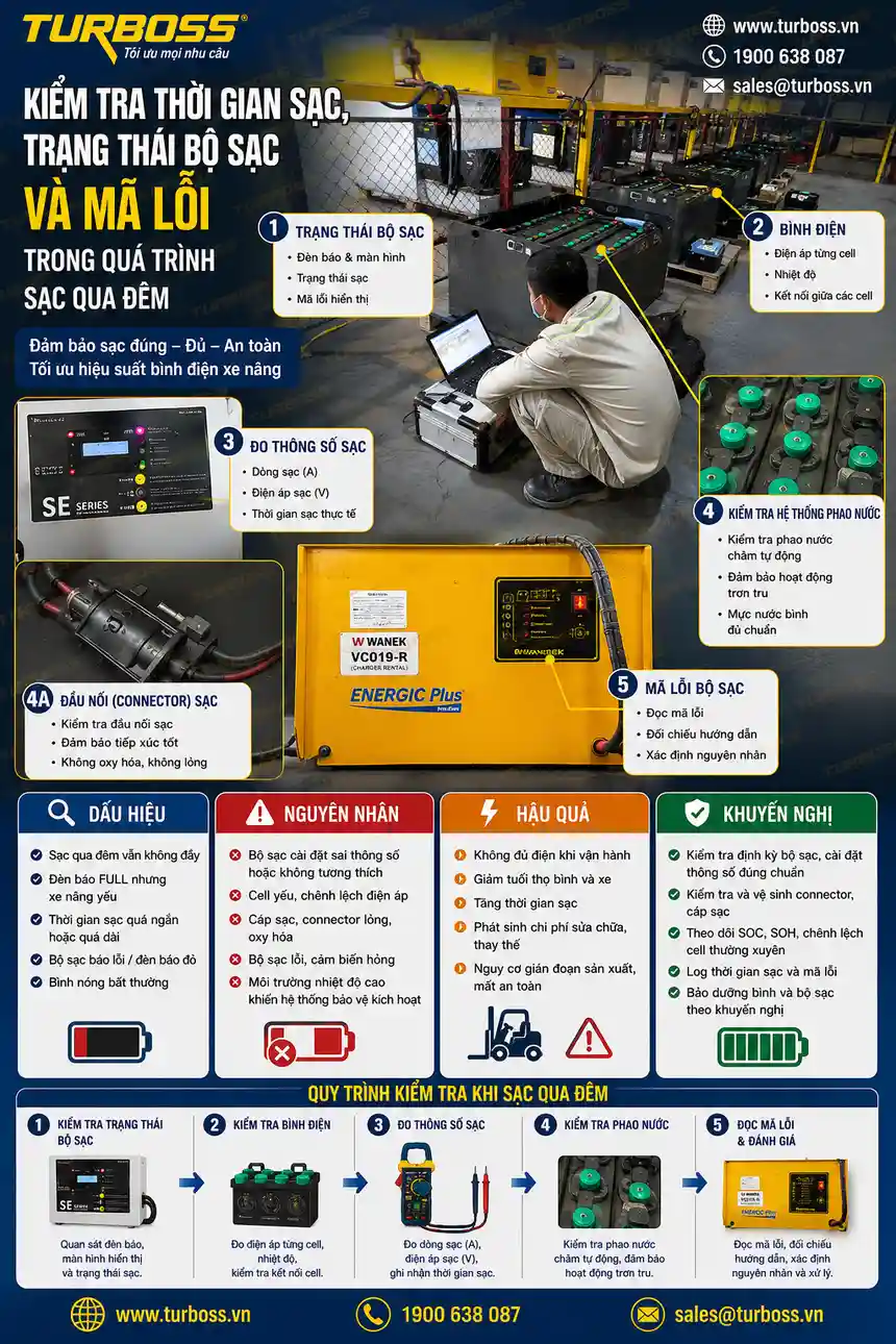 Kiểm tra chu kỳ sạc bình điện xe nâng khi xe sạc qua đêm vẫn yếu