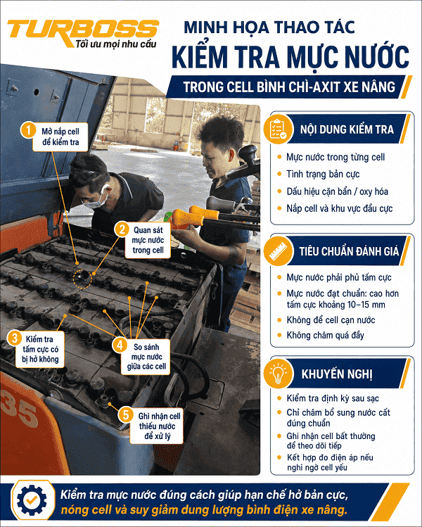 Kiểm tra mực nước từng cell trước khi sửa bình điện xe nâng
