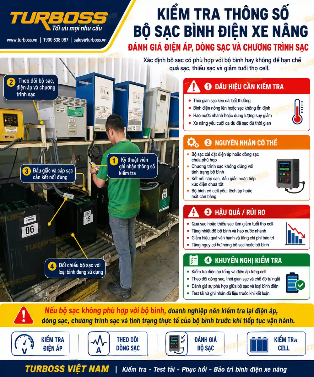 Kiểm tra thông số bộ sạc bình điện xe nâng khi sạc quá lâu không ngắt