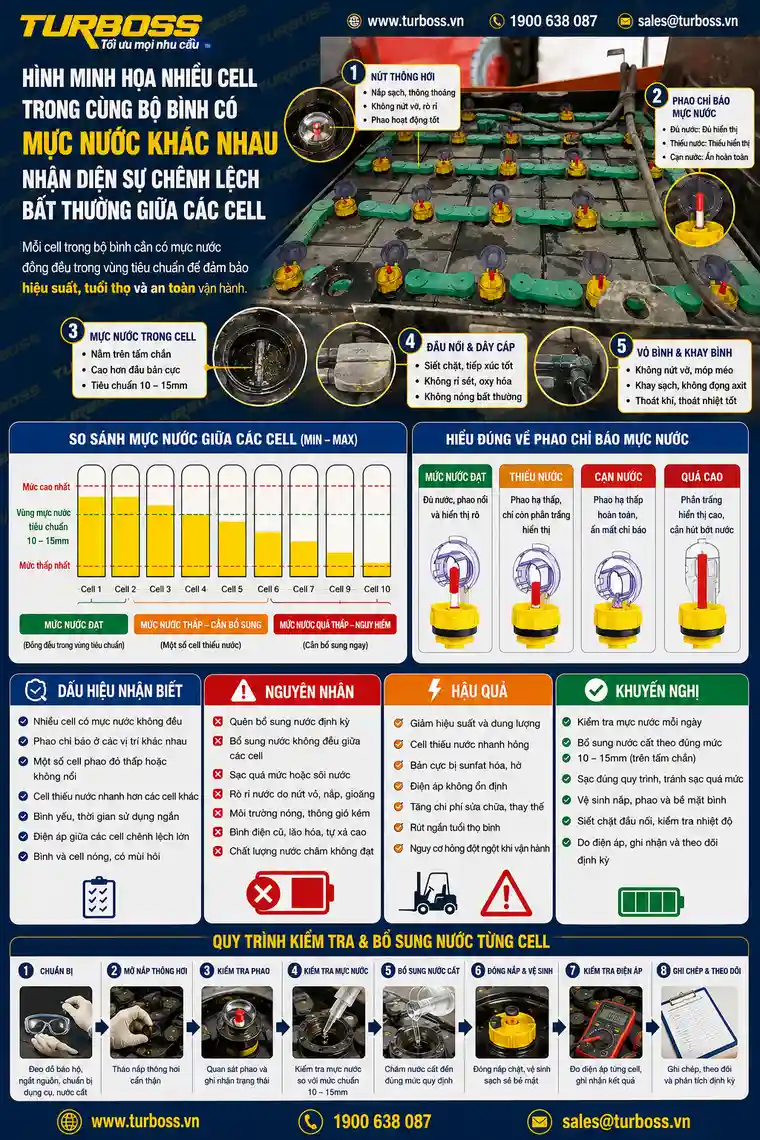Mực nước các cell bình điện xe nâng không đều là dấu hiệu cần kiểm tra cell yếu