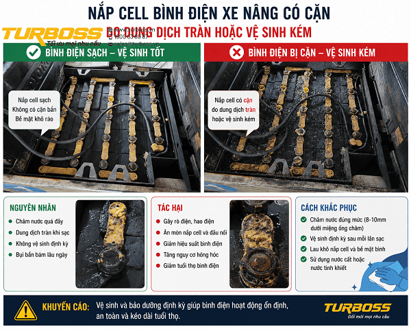 Nắp cell bình điện xe nâng đóng cặn do tràn dung dịch điện phân