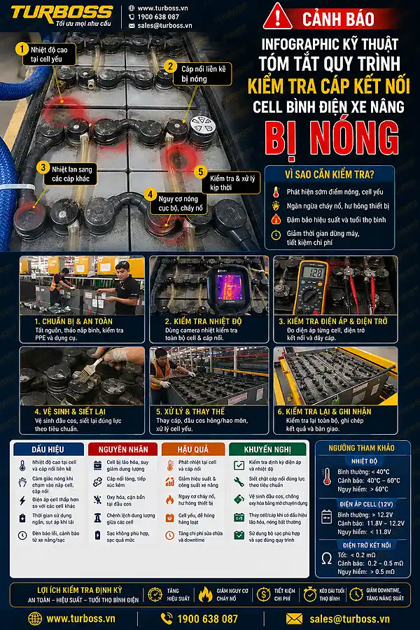 Quy trình kiểm tra cáp kết nối cell bình điện xe nâng bị nóng tại nhà máy