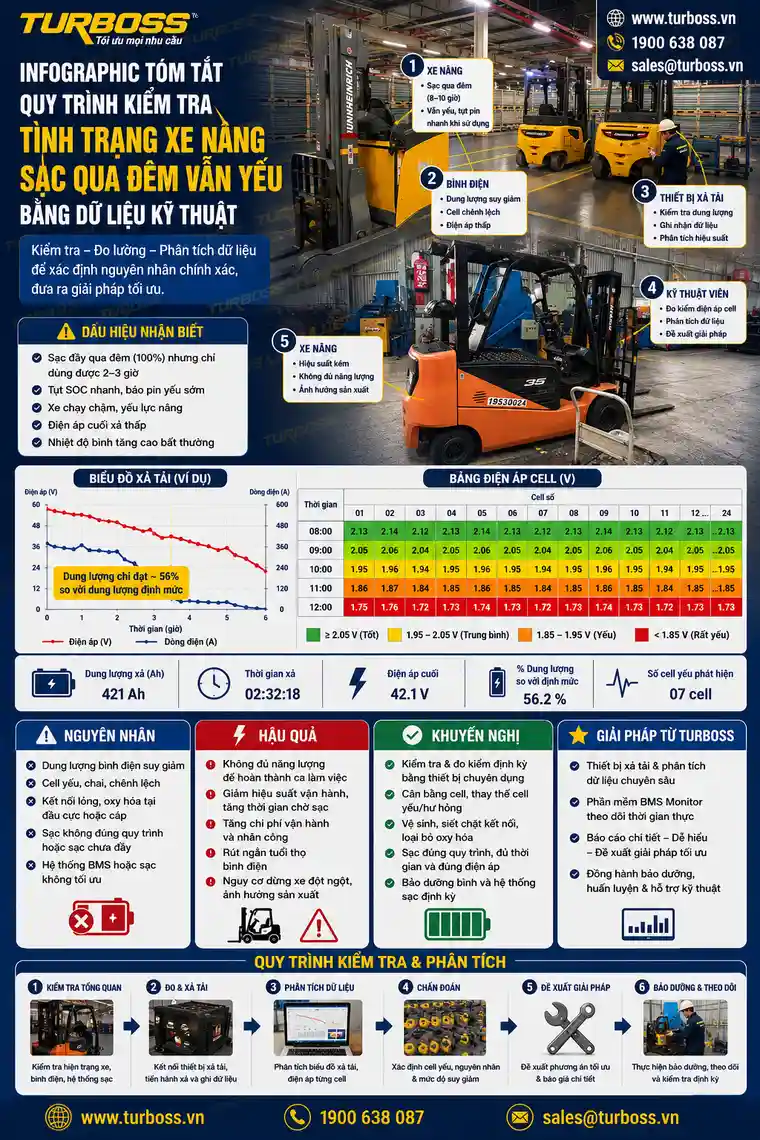 Quy trình kiểm tra xe nâng sạc qua đêm vẫn yếu tại Turboss Việt Nam