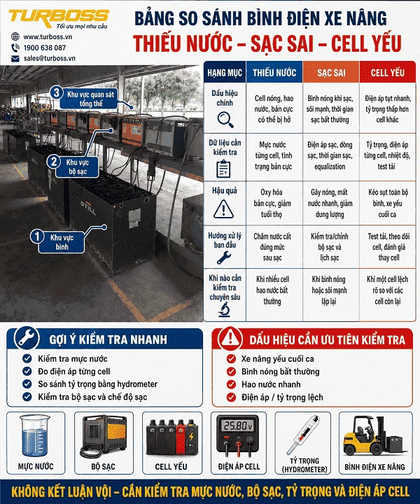 So sánh tỷ trọng axit lệch do thiếu nước sạc sai hoặc cell yếu