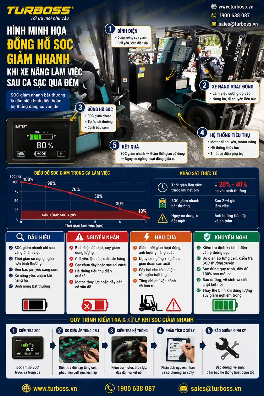 SOC xe nâng tụt nhanh khi nâng tải dù đã sạc qua đêm