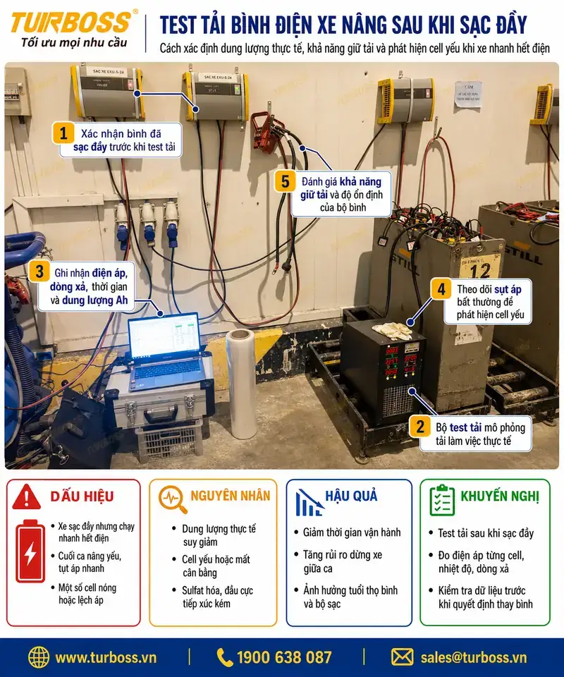 Test tải bình điện xe nâng sau khi bộ sạc báo đầy nhưng xe nhanh yếu