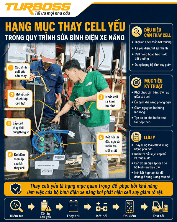 Thay cell bình điện xe nâng bị yếu sau khi kiểm tra bằng test tải và BMS