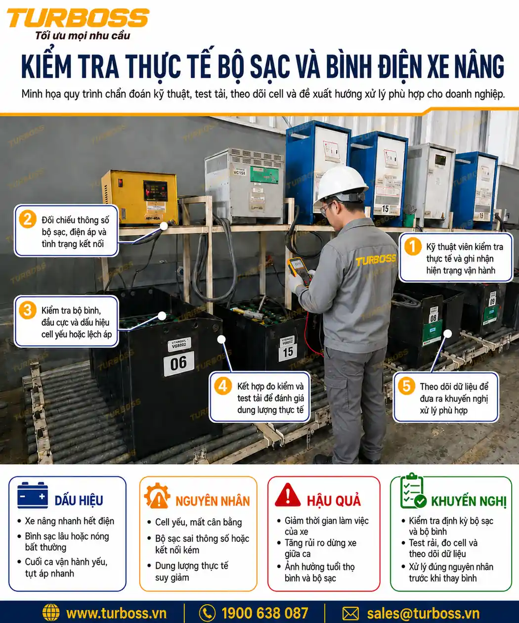 Turboss kiểm tra bộ sạc bình điện xe nâng không ngắt bằng dữ liệu kỹ thuật