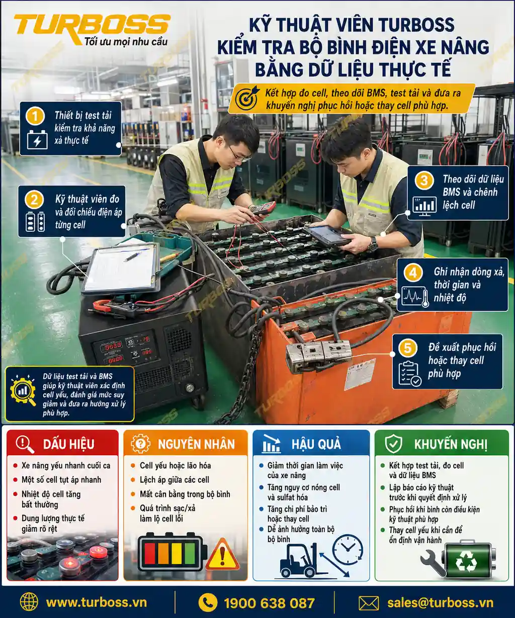 Turboss kiểm tra cell bình điện xe nâng nóng bất thường bằng BMS và test tải