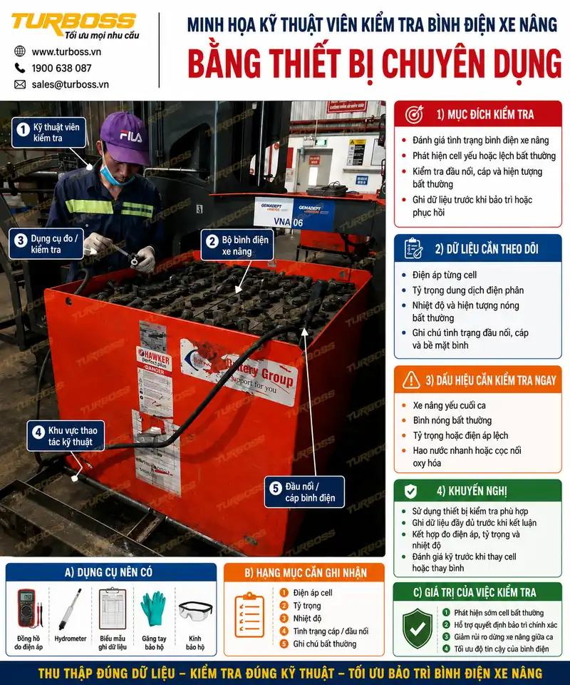 Turboss kiểm tra tỷ trọng axit bình điện xe nâng kết hợp điện áp cell và test tải