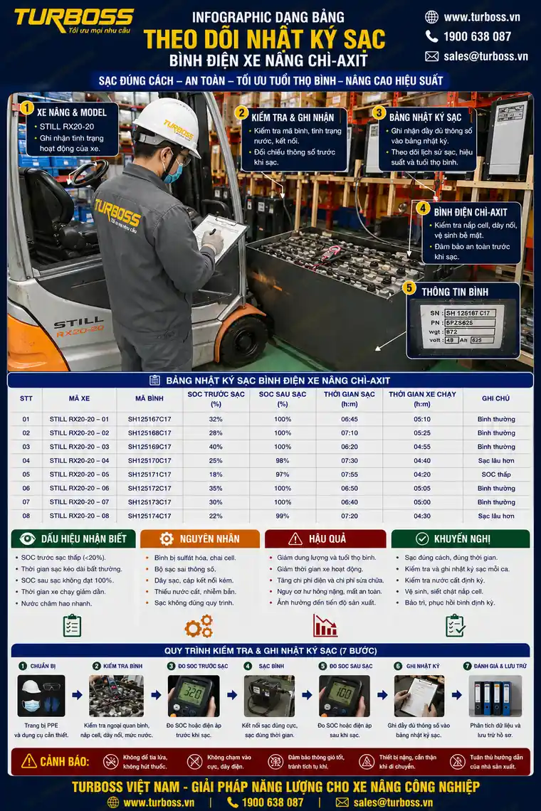 Bảng dữ liệu sạc xả trong nhật ký sạc bình điện xe nâng