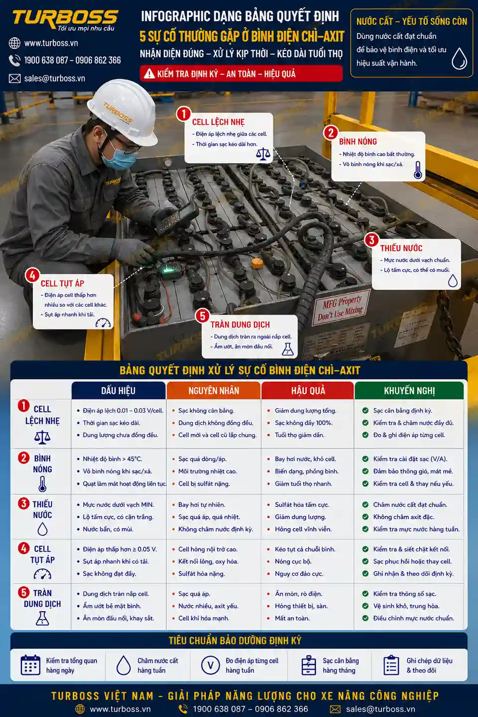 Bảng quyết định kỹ thuật trước khi sạc cân bằng bình điện xe nâng