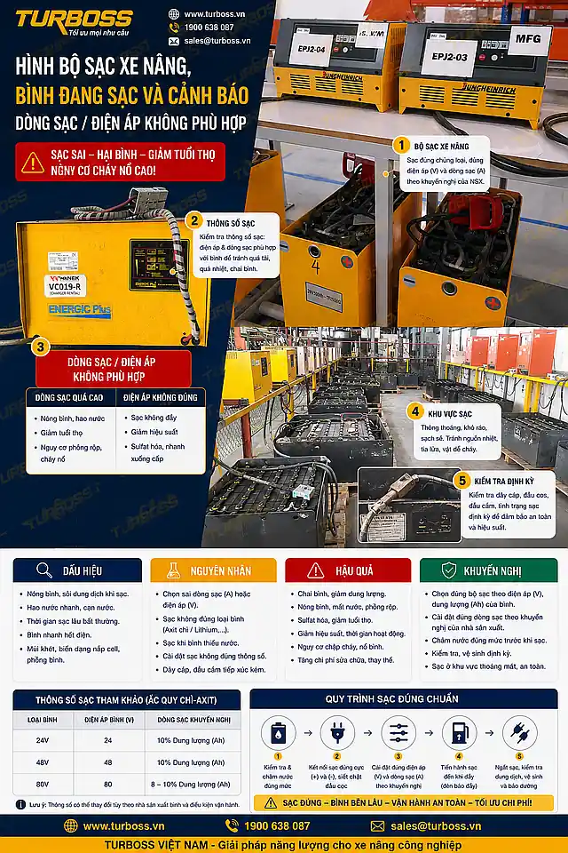 Bộ sạc không phù hợp làm bình điện xe nâng tràn dung dịch khi sạc