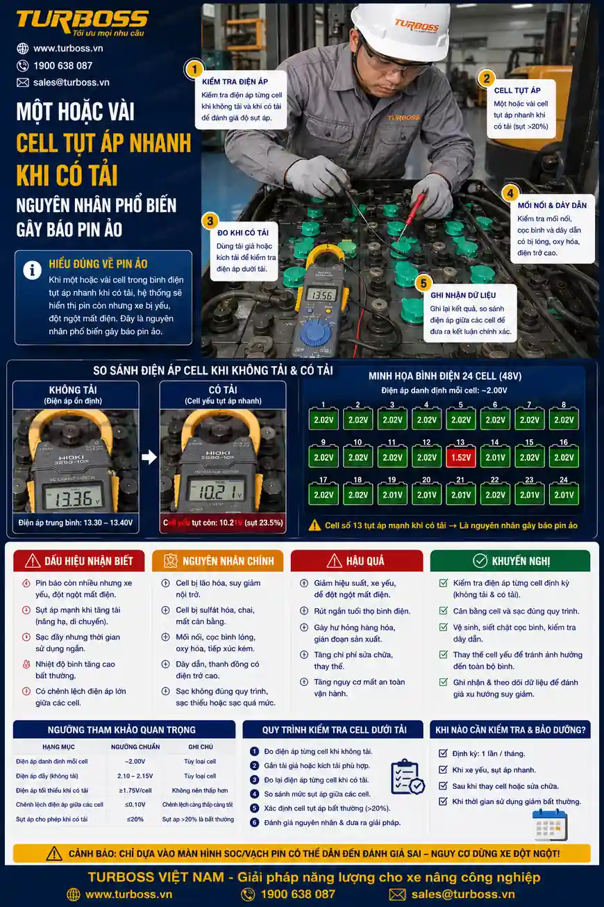 Cell bình điện xe nâng tụt áp dưới tải gây báo pin ảo