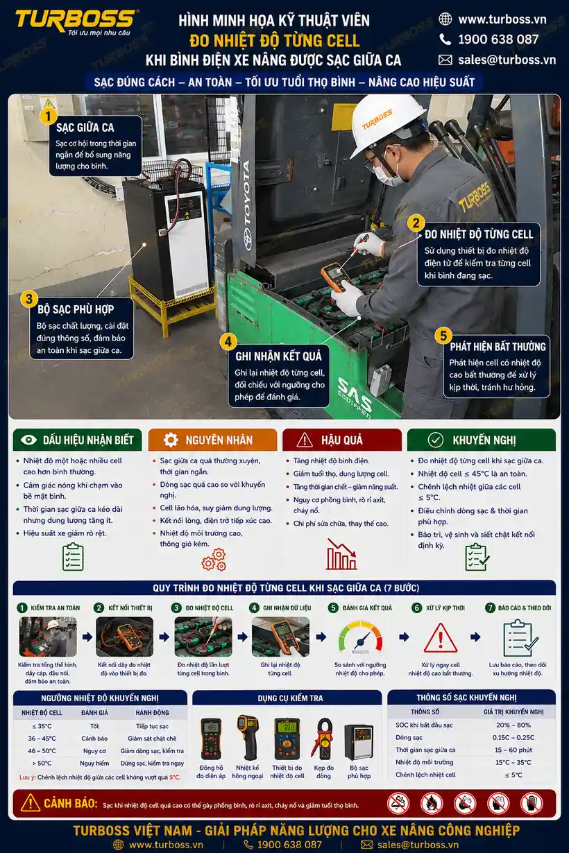 Cell nóng khi sạc cơ hội bình điện xe nâng cần kiểm tra nhiệt độ và mực nước