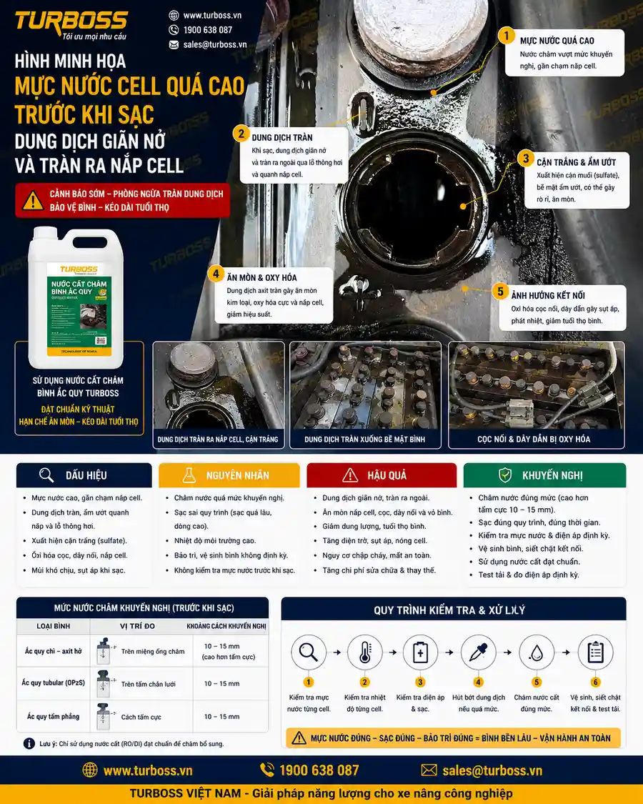 Châm nước quá đầy làm bình điện xe nâng tràn dung dịch khi sạc