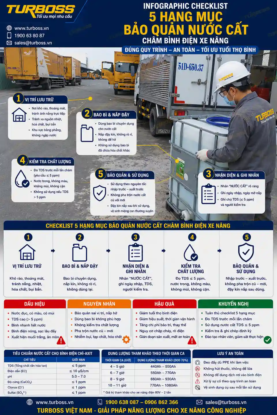 Checklist bảo quản nước cất châm bình điện xe nâng tại nhà máy